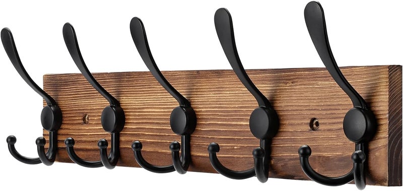 Kuhome Coat Rack Wall Mount Wooden Hat Rack for Wall Hooks Pine Real Wood Plank 16.9" Brown Coat Hanger with 5 Triple Hooks for Hanging Coat Hat Jacket - Image 1